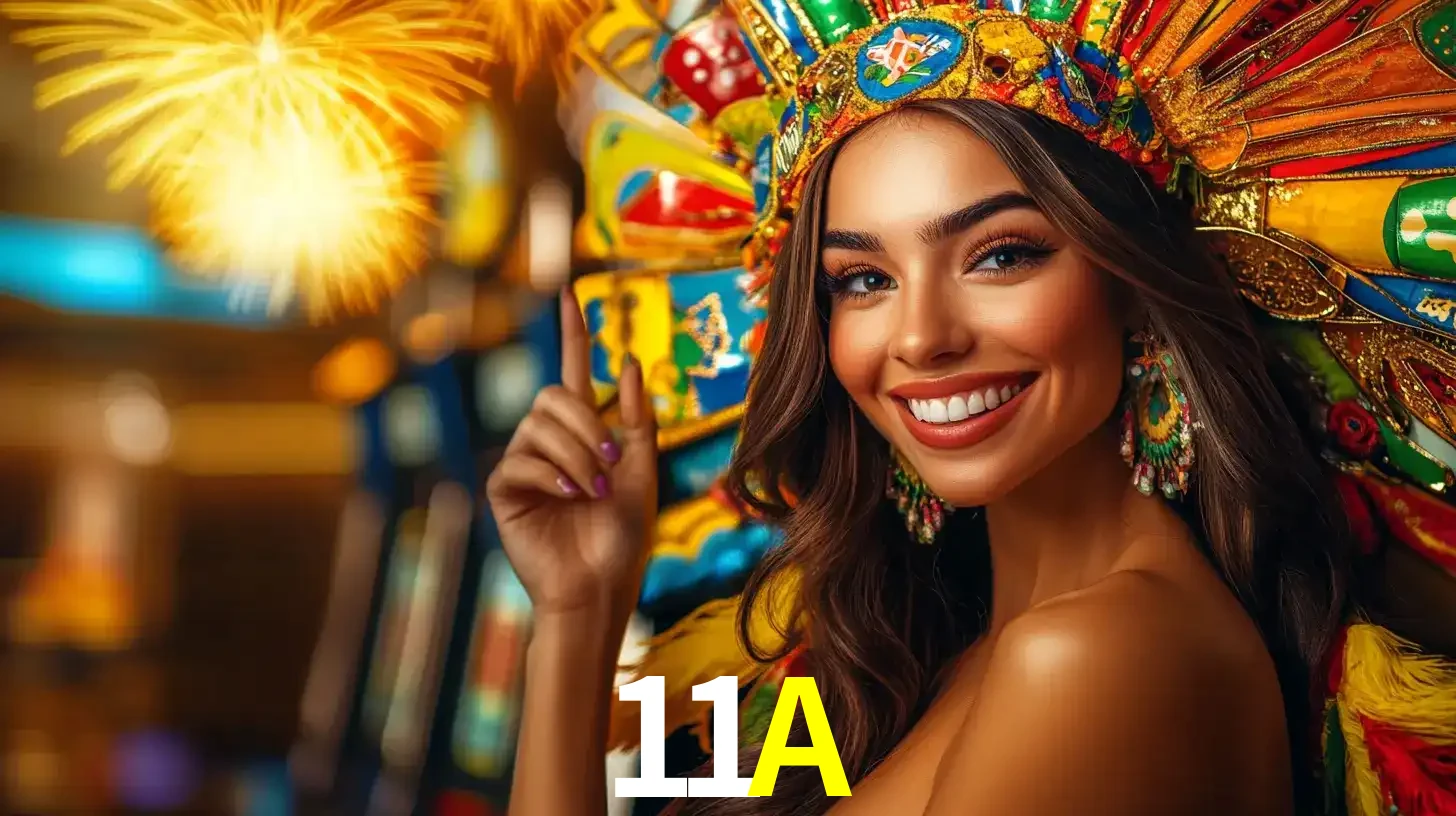 Mulher sorridente com um cocar de carnaval vibrante e colorido, celebrando uma grande vitória nos jogos do cassino 11A com fogos de artifício ao fundo.