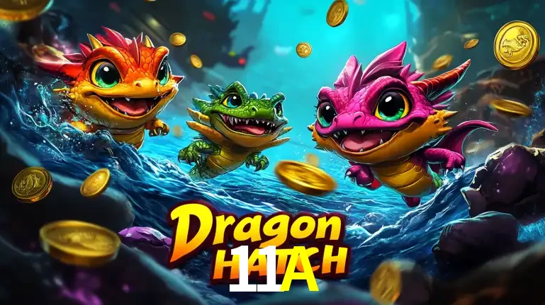 Arte promocional do jogo Dragon Hatch com três adoráveis dragões bebês nadando entre moedas de ouro, um dos slots mais divertidos para jogar no cassino 11A.