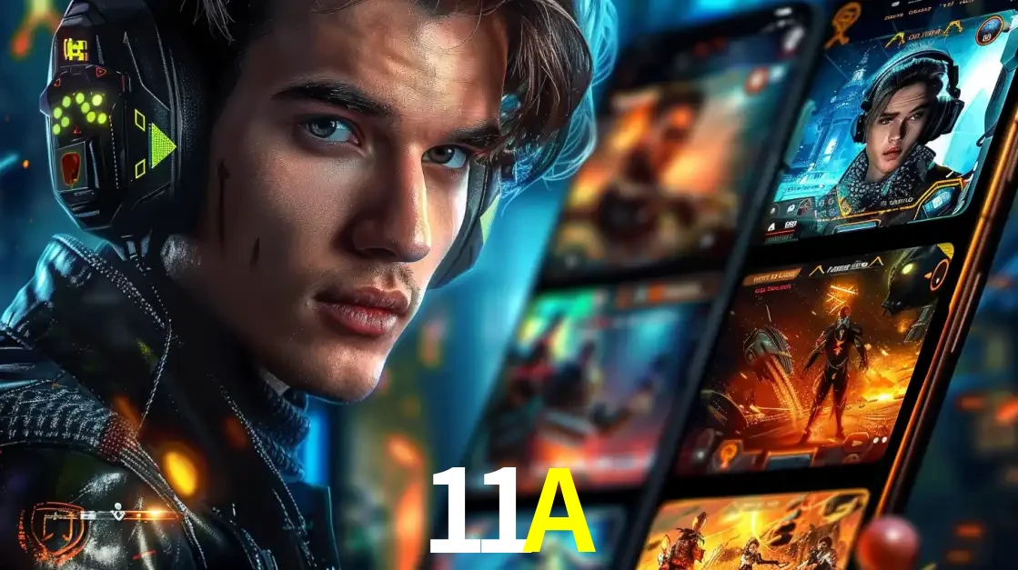 Jovem jogador com fones de ouvido olhando para a câmera, com um aplicativo de jogos e e-sports para celular ao fundo, pronto para a competição e apostas no 11A.