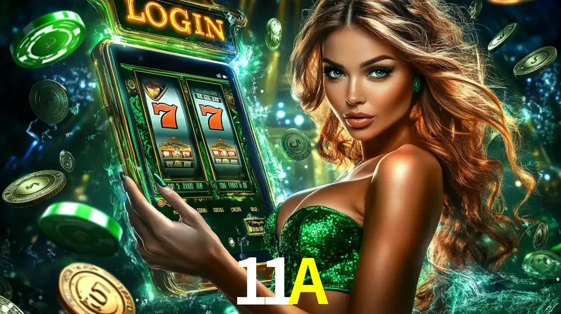Mulher com tema verde apresentando o aplicativo do cassino 11A com um jogo de slot de 777, cercada por fichas de cassino e uma aura de sorte.