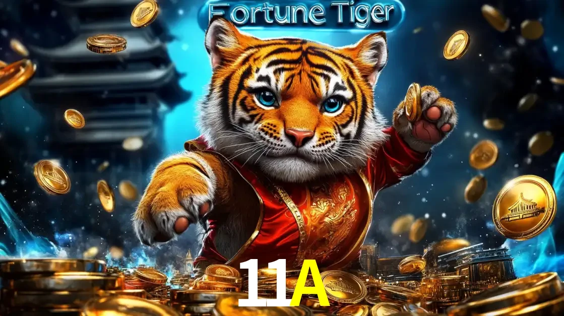 Imagem promocional do jogo de slot Fortune Tiger, com um tigre majestoso em traje tradicional cercado por uma fortuna em moedas de ouro, disponível agora no cassino 11A.