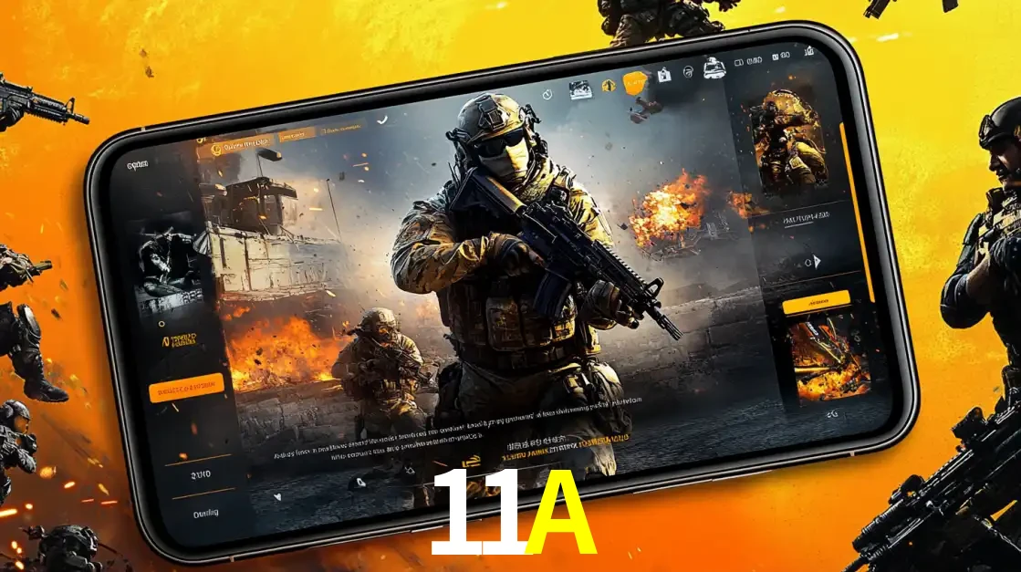 Um smartphone exibindo a interface de um jogo de tiro em primeira pessoa, com um soldado em um cenário de batalha, representando a ação dos e-sports para apostar no 11A.