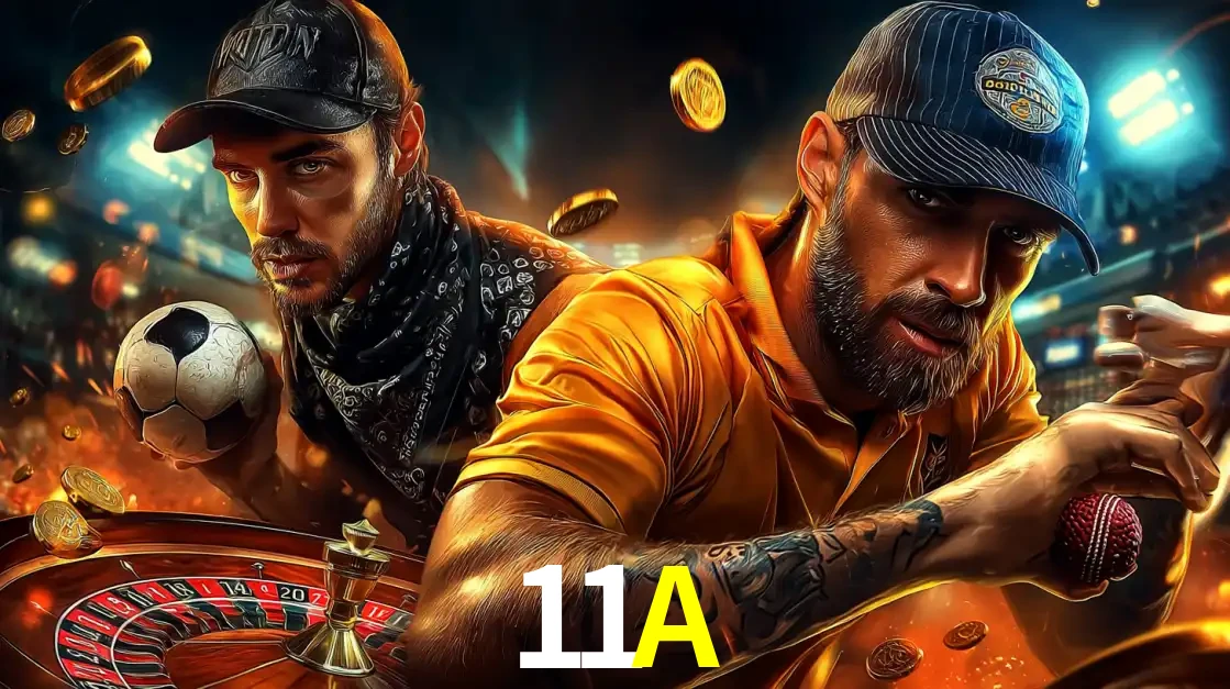 Montagem de apostas esportivas e cassino no 11A, com um homem segurando uma bola de futebol e outro uma de beisebol sobre uma roleta e moedas voadoras.