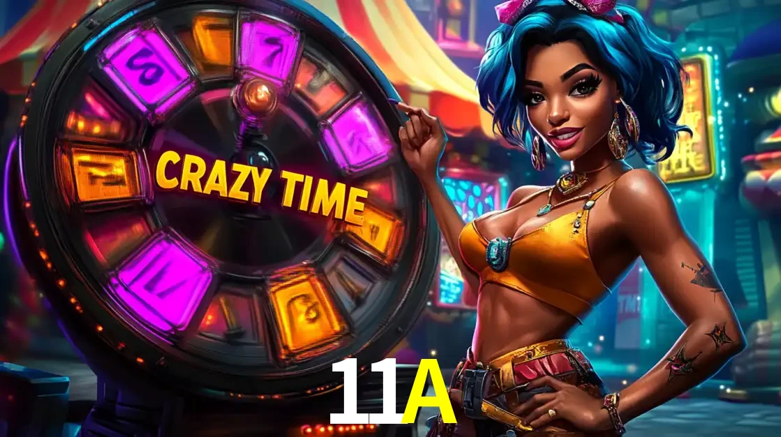 Mulher estilizada com cabelo azul e visual vibrante posando ao lado da roda de prêmios do game show Crazy Time, convidando para a diversão e os bônus do cassino 11A.