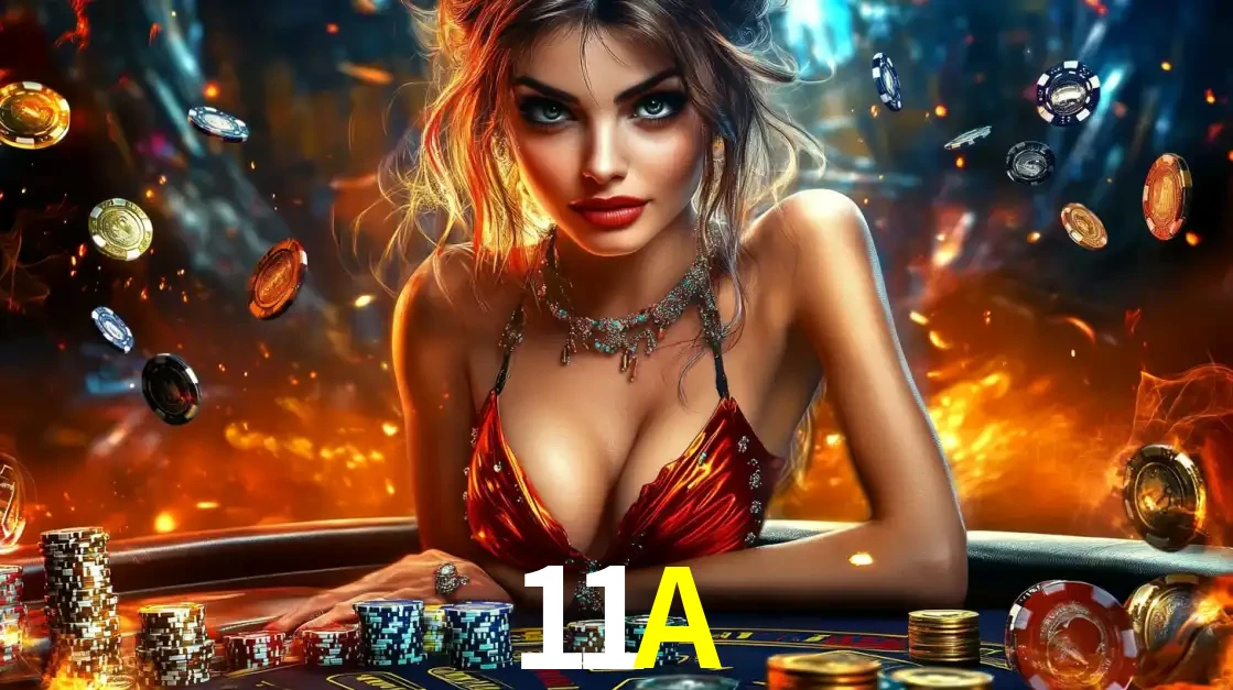 Mulher em uma mesa de cassino com pilhas de fichas e um fundo de fogo, pronta para uma rodada de altas apostas nos jogos de mesa emocionantes do cassino 11A.
