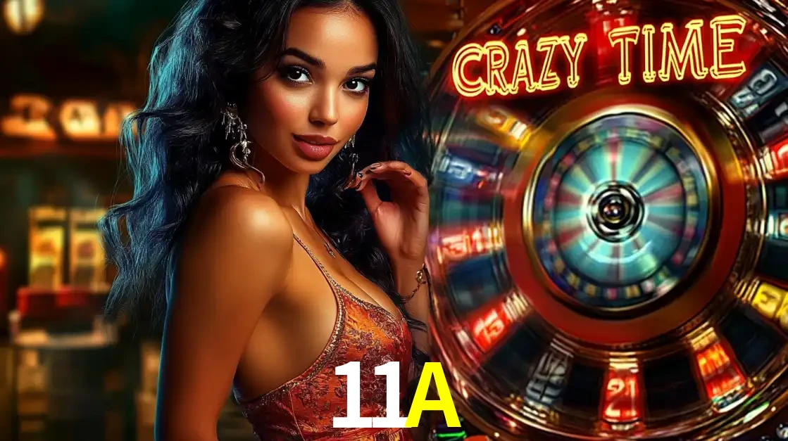 Mulher elegante ao lado da vibrante roda da fortuna do jogo de cassino ao vivo Crazy Time, um dos game shows mais populares e cheios de prêmios do 11A.
