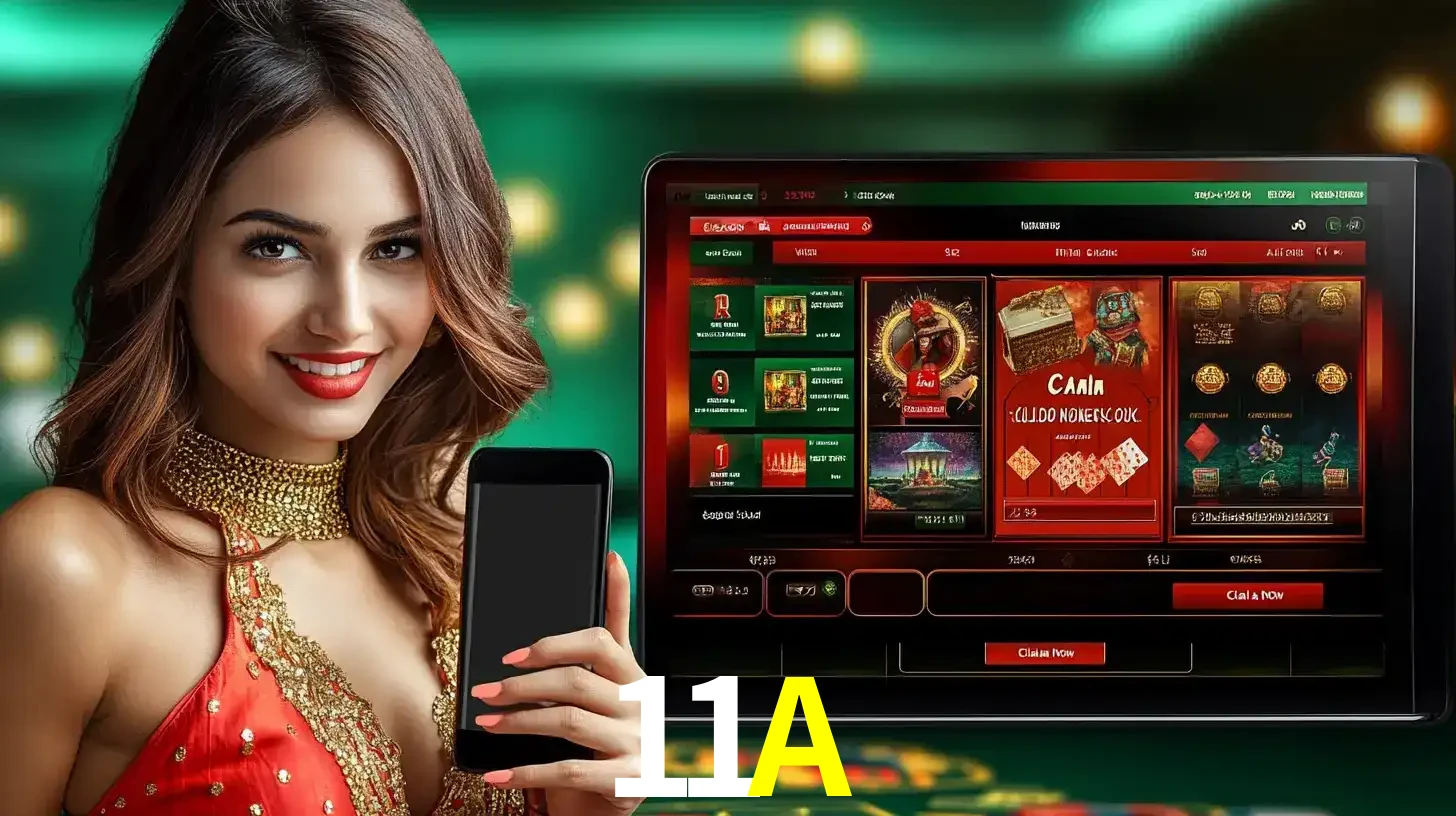 Mulher sorridente segurando um smartphone, ao lado de uma tela exibindo o lobby de jogos do cassino online 11A, com várias opções de jogos de cartas e slots.
